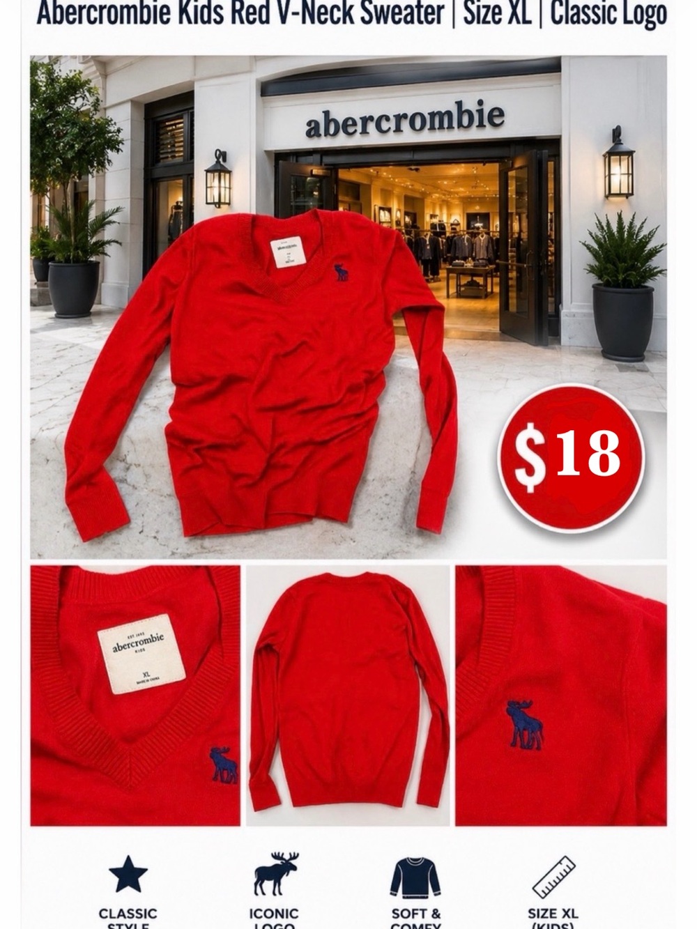 ❤️ Abercrombie Kids Red V-Neck Sweater | Size XL | Classic Logo ❤️